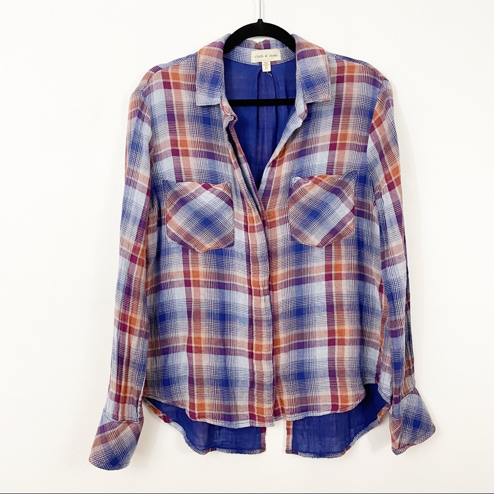 CLOTH & STONE Cotton Gauze Split Back Button Down Plaid Top Size M